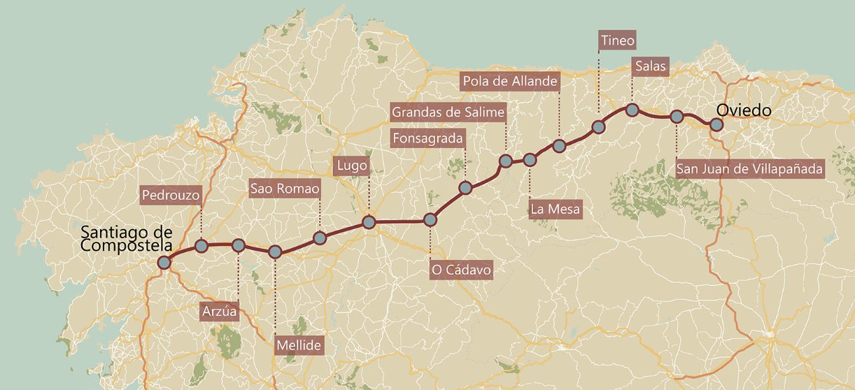 Map of the Camino Primitivo route from Oviedo to Santiago de Compostela